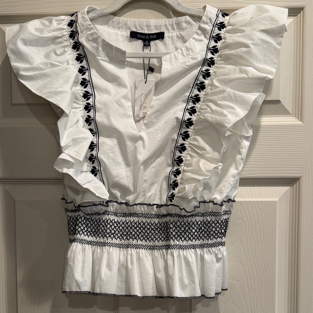Strut & Bolt White and Black Embroidered Blouse, NWT